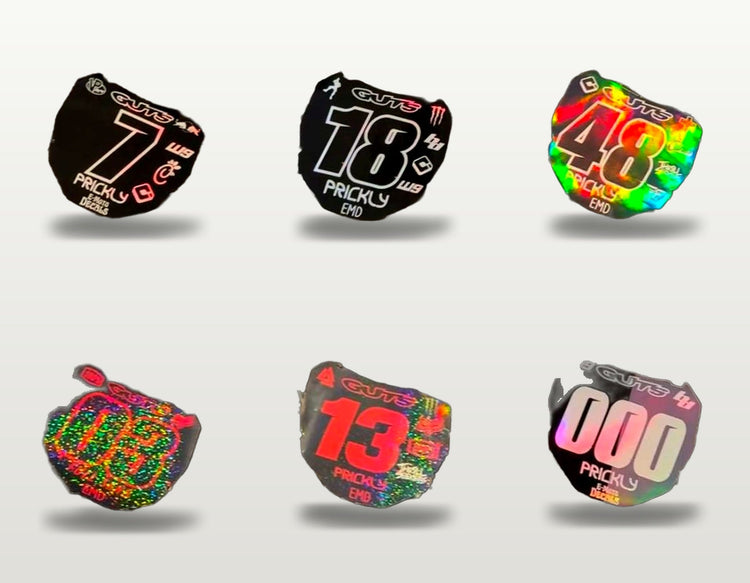 E-Moto Decals custom number plate decals, studio product photo