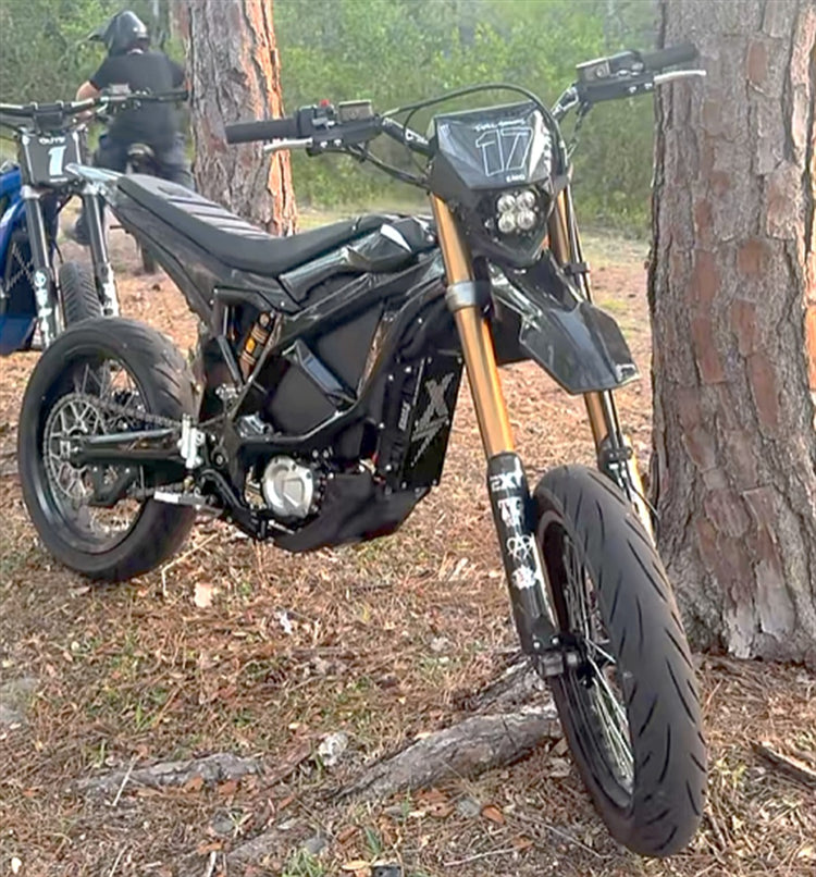 Sur-Ron Ultra Bee in supermoto trim with custom number plate decal and E-Moto Decals fork graphics