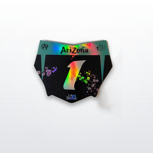 Arizona Tea holographic number plate decal on white studio background