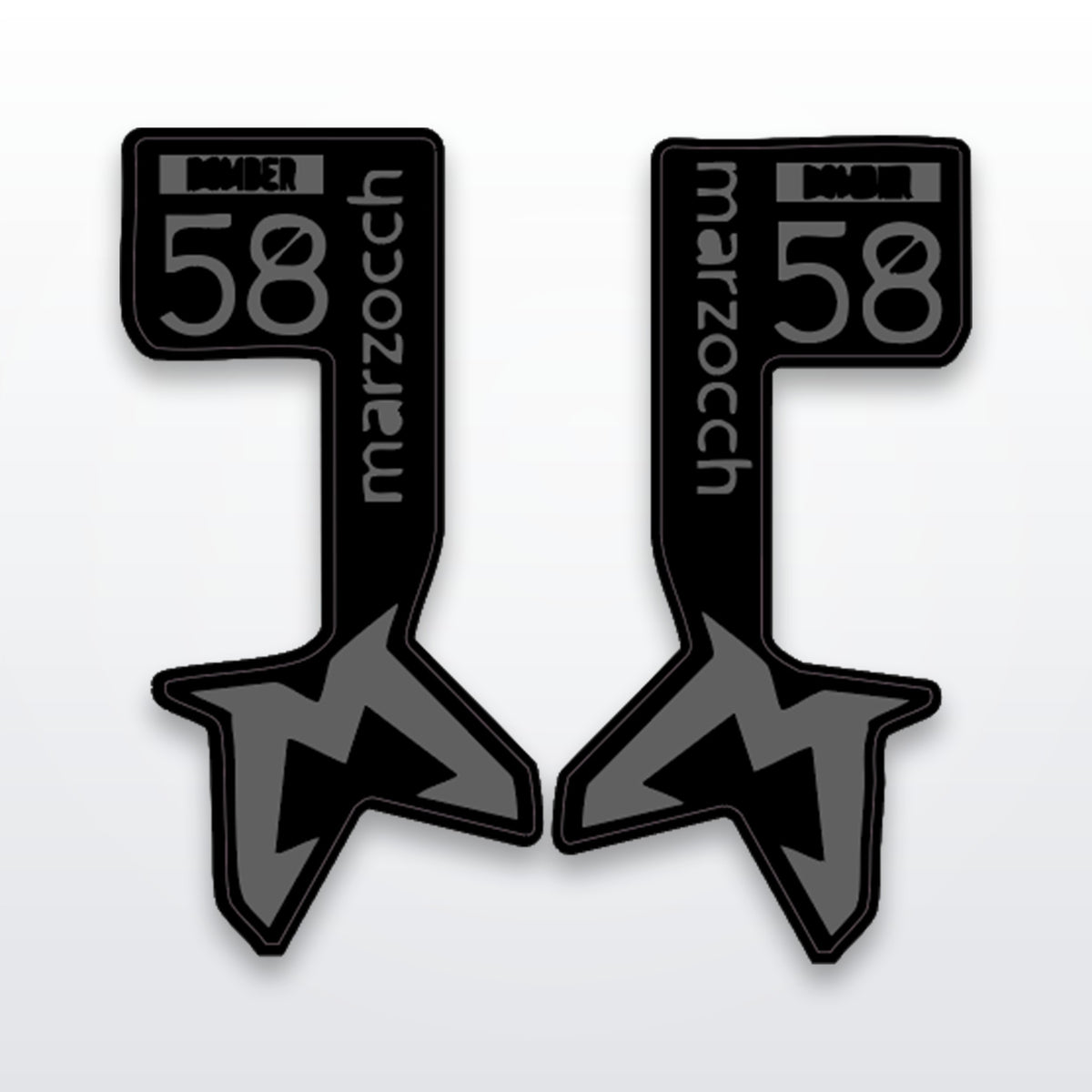 Bomber 58 fork decals, cut-to-fit vinyl pair on white studio background