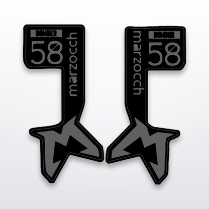 Bomber 58 fork decals, cut-to-fit vinyl pair on white studio background