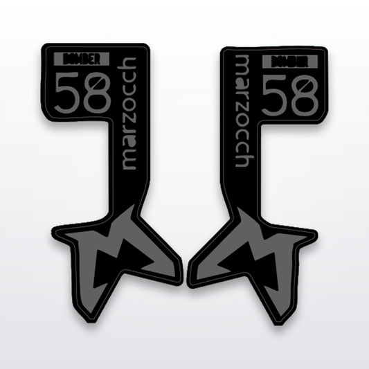 Bomber 58 fork decals, cut-to-fit vinyl pair on white studio background