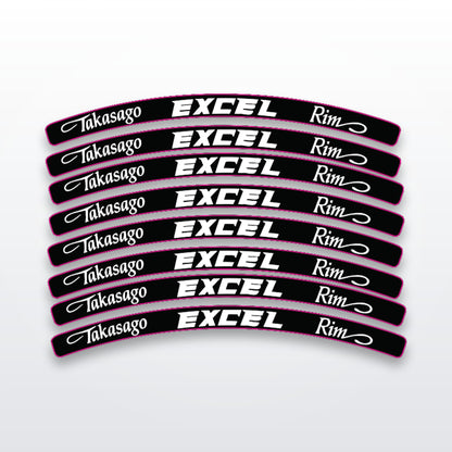 Excel Takasago rim decals, 8 pack wheel stripe set on white studio background