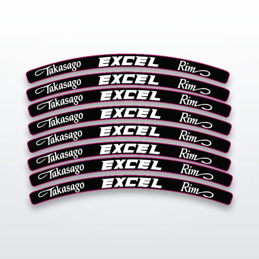 Excel Takasago rim decals, 8 pack wheel stripe set on white studio background