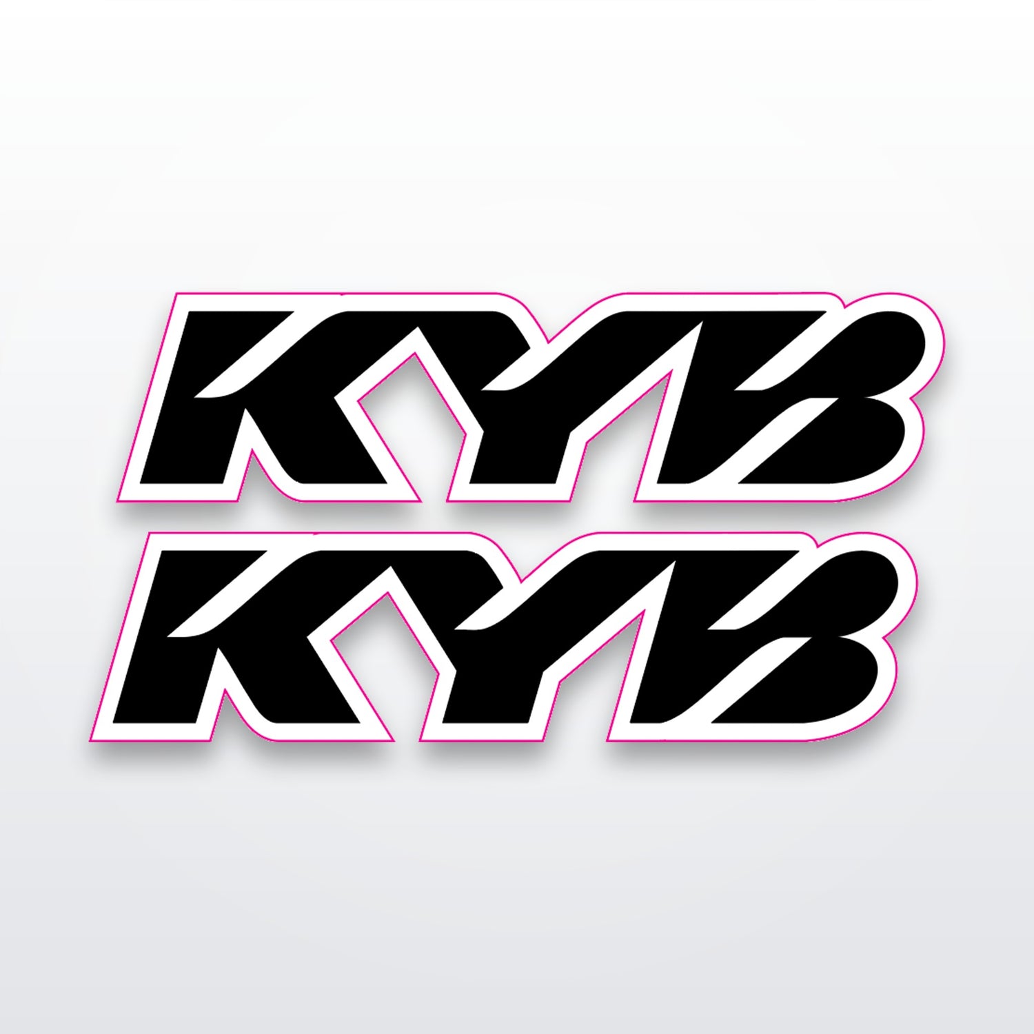 KYB fork stickers, pack of 2 vinyl decals on white studio background