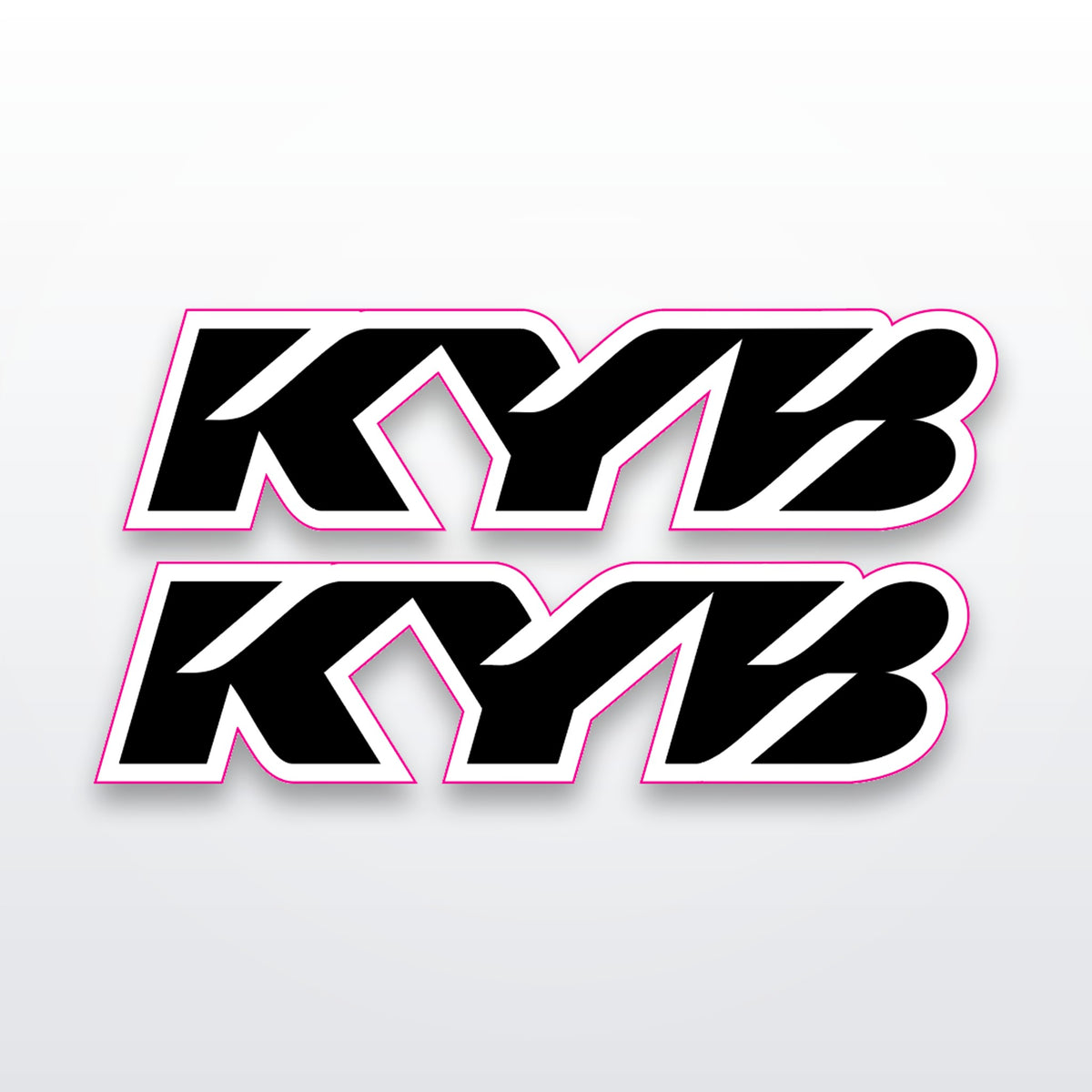 KYB fork stickers, pack of 2 vinyl decals on white studio background