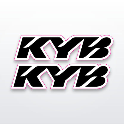 KYB fork stickers, pack of 2 vinyl decals on white studio background