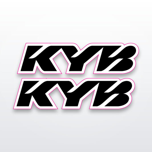 KYB fork stickers, pack of 2 vinyl decals on white studio background