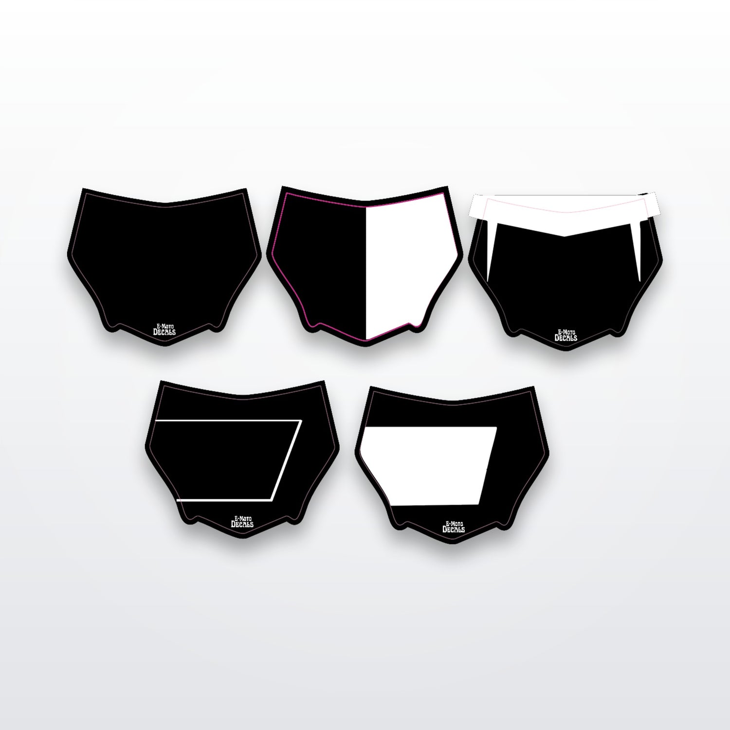 Custom Motocutz front plate decals in multiple styles on white studio background