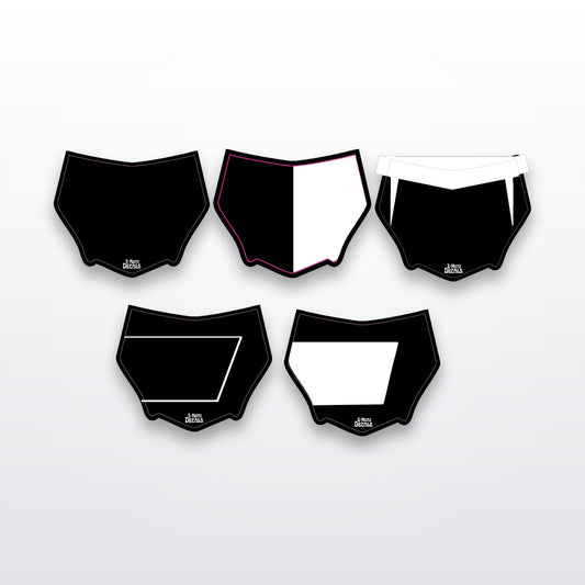 Custom Motocutz front plate decals in multiple styles on white studio background