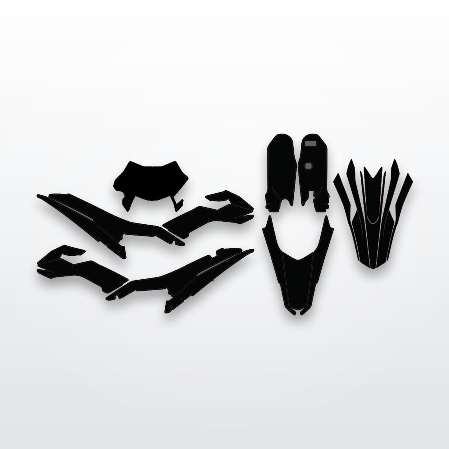 Surron Ultra Bee full graphics kit, every cut-to-fit panel on white studio background