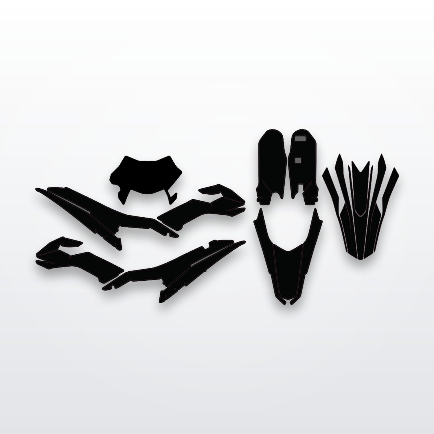 Surron Ultra Bee full graphics kit, every cut-to-fit panel on white studio background