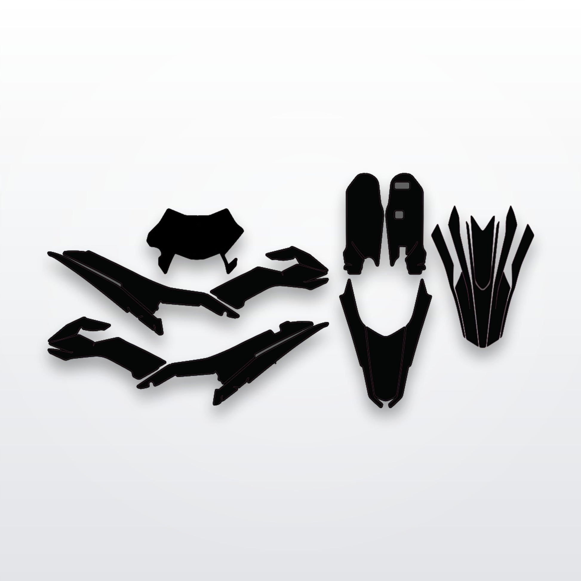 Surron Ultra Bee full graphics kit, every cut-to-fit panel on white studio background