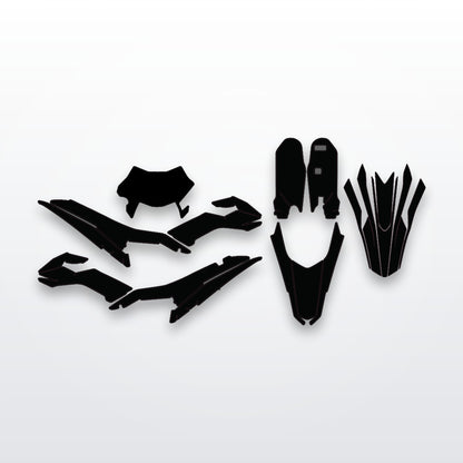 Surron Ultra Bee full graphics kit, every cut-to-fit panel on white studio background