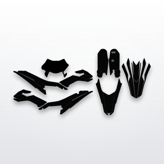 Surron Ultra Bee full graphics kit, every cut-to-fit panel on white studio background